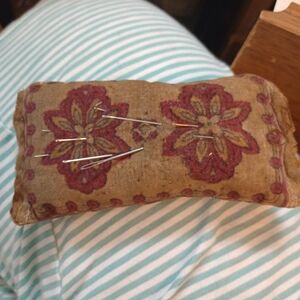 Vintage Floral Red and Tan Pin Cushion - Home Sewing Accessory. 11"X5"